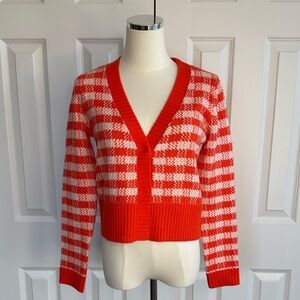 525 America Rita Orange White Gingham Checkered V-Neck Snap Mod Cardigan Size S